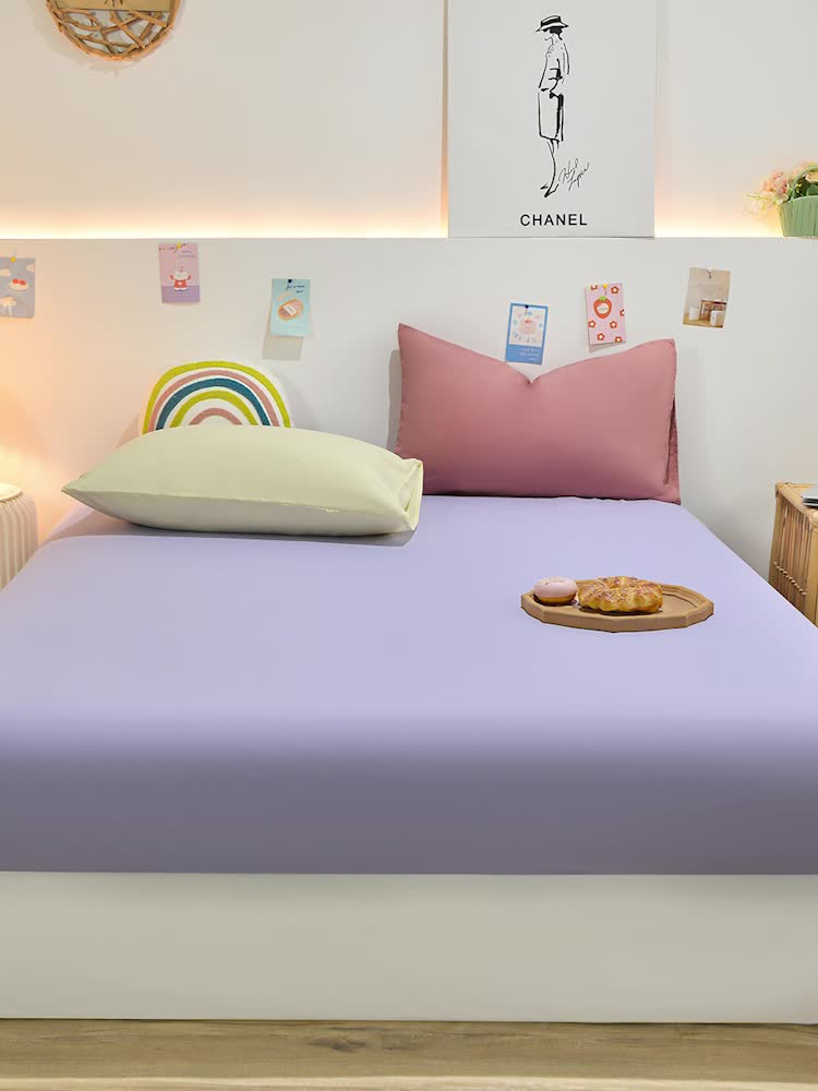 91家纺网 家纺一手货源 找家纺 极梦 2025新款ins纯色水洗棉磨毛单床笠三件套 浅紫色