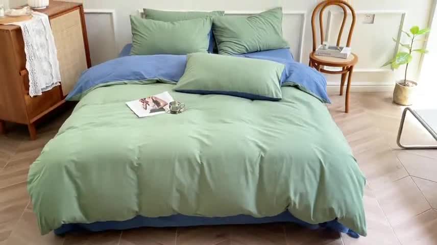 91家纺网 家纺一手货源 找家纺 窝米 2022夏季新品素色双拼水洗棉四件套 绿云双拼
