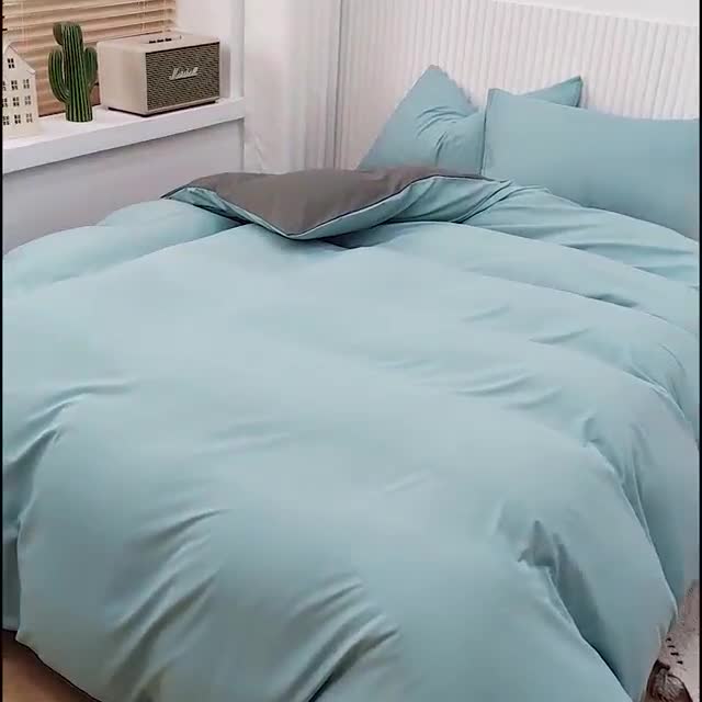 91家纺网 家纺一手货源 找家纺 乐居坊 2023新款纯色忆丝棉四件套 香菲-水绿＋灰