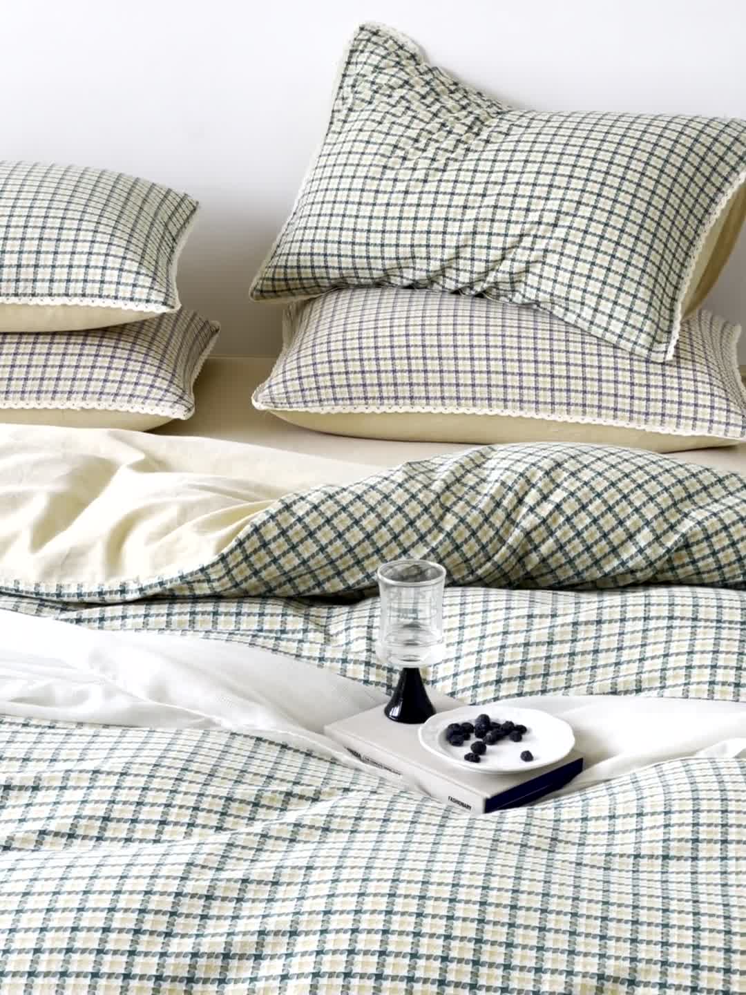 91家纺网 家纺一手货源 找家纺 （总）圆岛 2022新款色织小提花花边款全棉水洗棉四件套