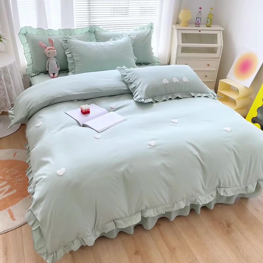 91家纺网 家纺一手货源 找家纺 金米诺 2022新款亲肤水洗磨毛床裙款四件套-心之恋 薄荷绿
