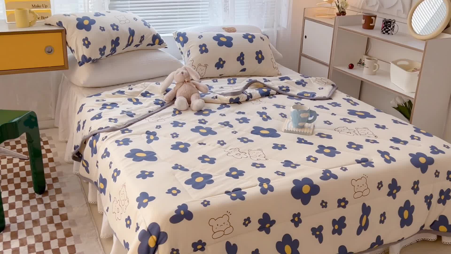 91家纺网 家纺一手货源 找家纺 昔可 2022新款包边牛奶丝针织夏被 蓝花熊