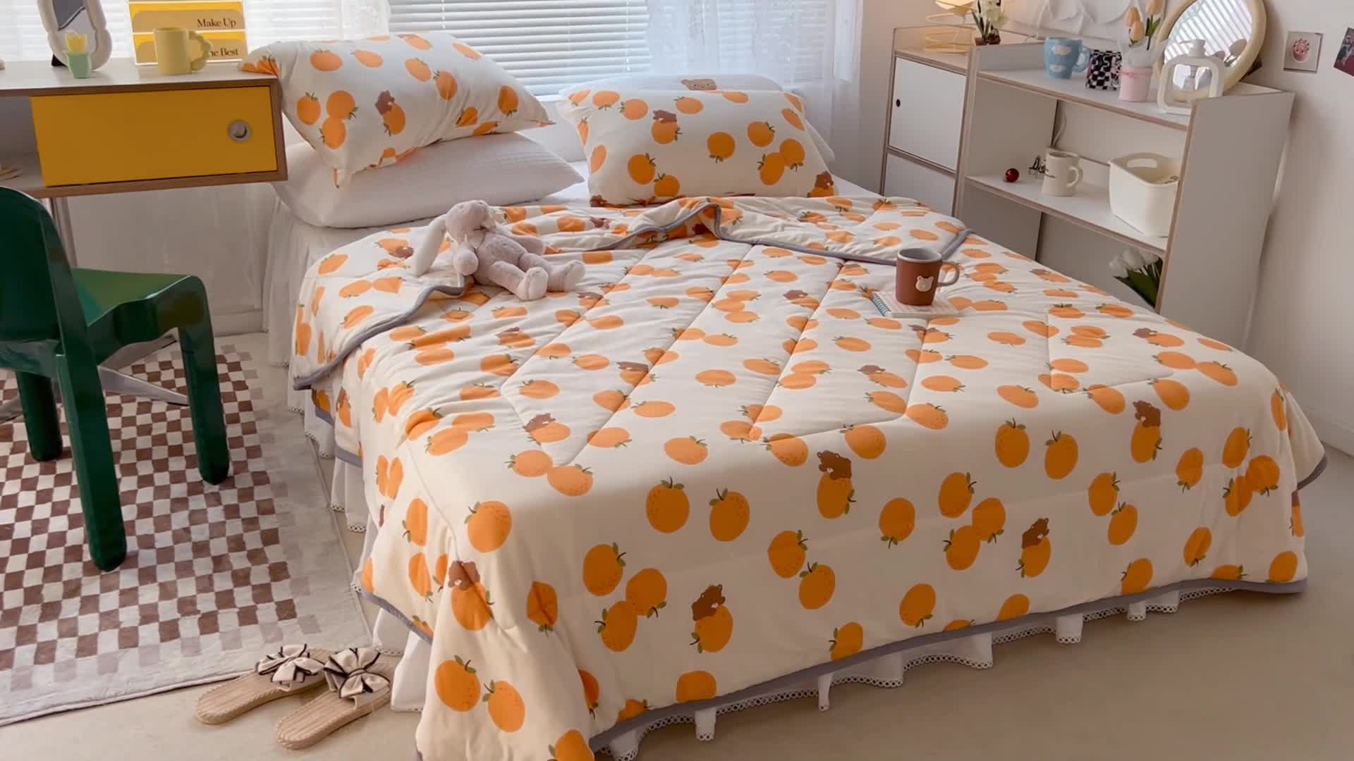 91家纺网 家纺一手货源 找家纺 昔可 2022新款包边牛奶丝针织夏被 橙味小熊