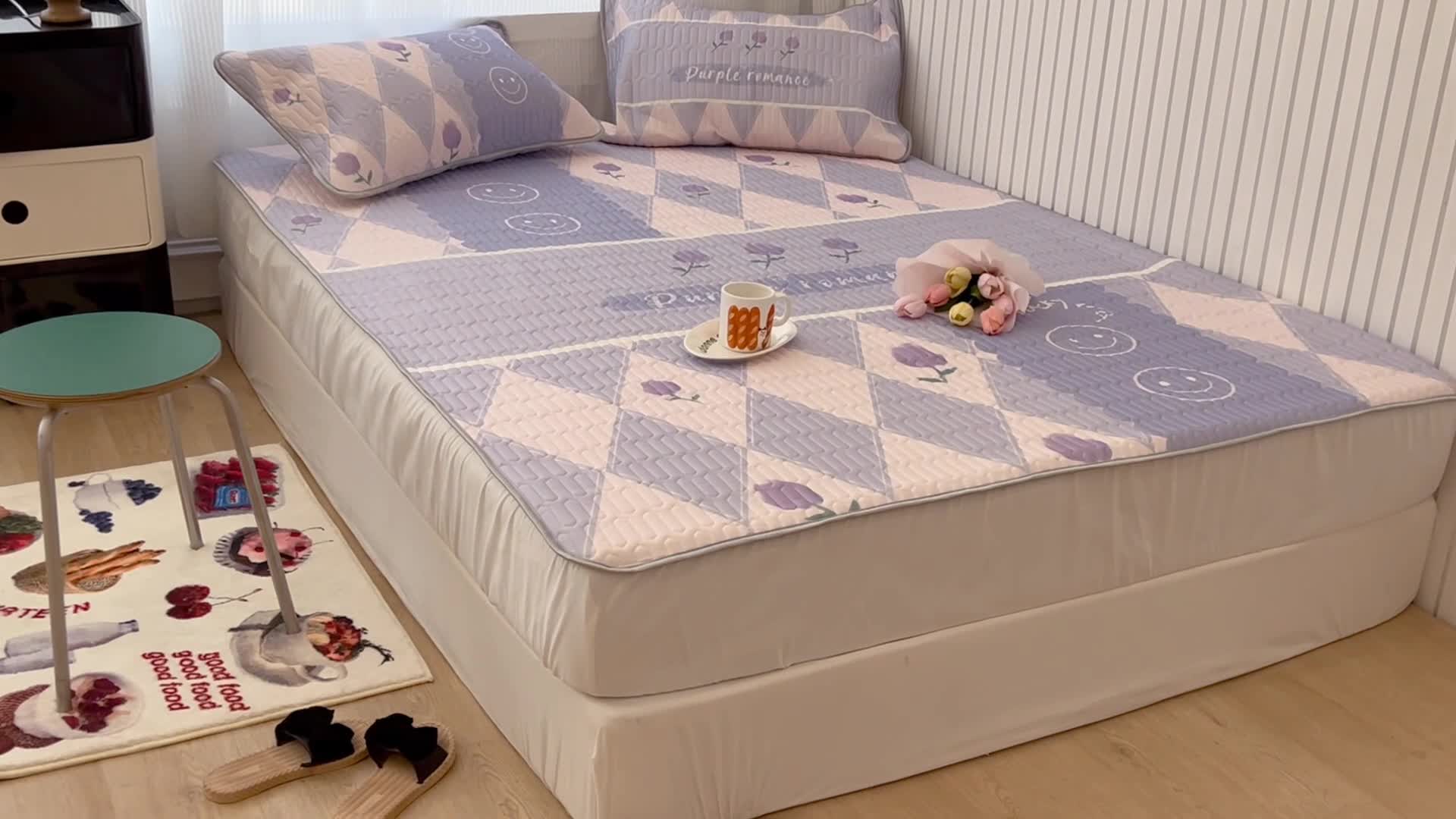 91家纺网 家纺一手货源 找家纺 昔可 2022新款ins风小清新床笠款乳胶凉席三件套 床笠款-紫色半夏