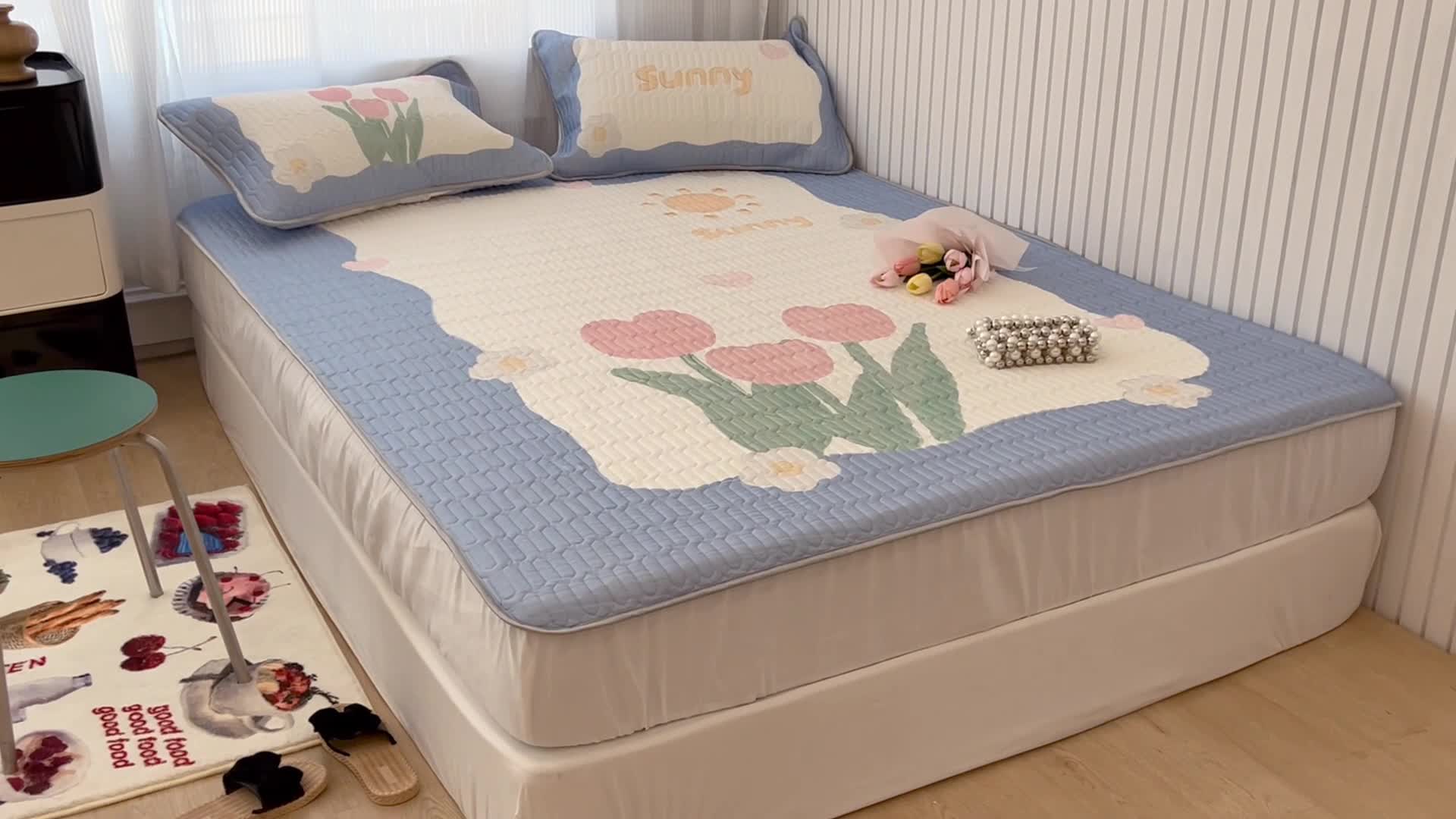 91家纺网 家纺一手货源 找家纺 昔可 2022新款ins风小清新床笠款乳胶凉席三件套 床笠款-夏日郁金香