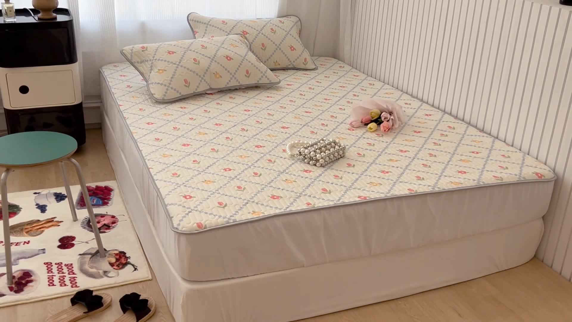 91家纺网 家纺一手货源 找家纺 昔可 2022新款ins风小清新床笠款乳胶凉席三件套 床笠款-菱形小花浅蓝