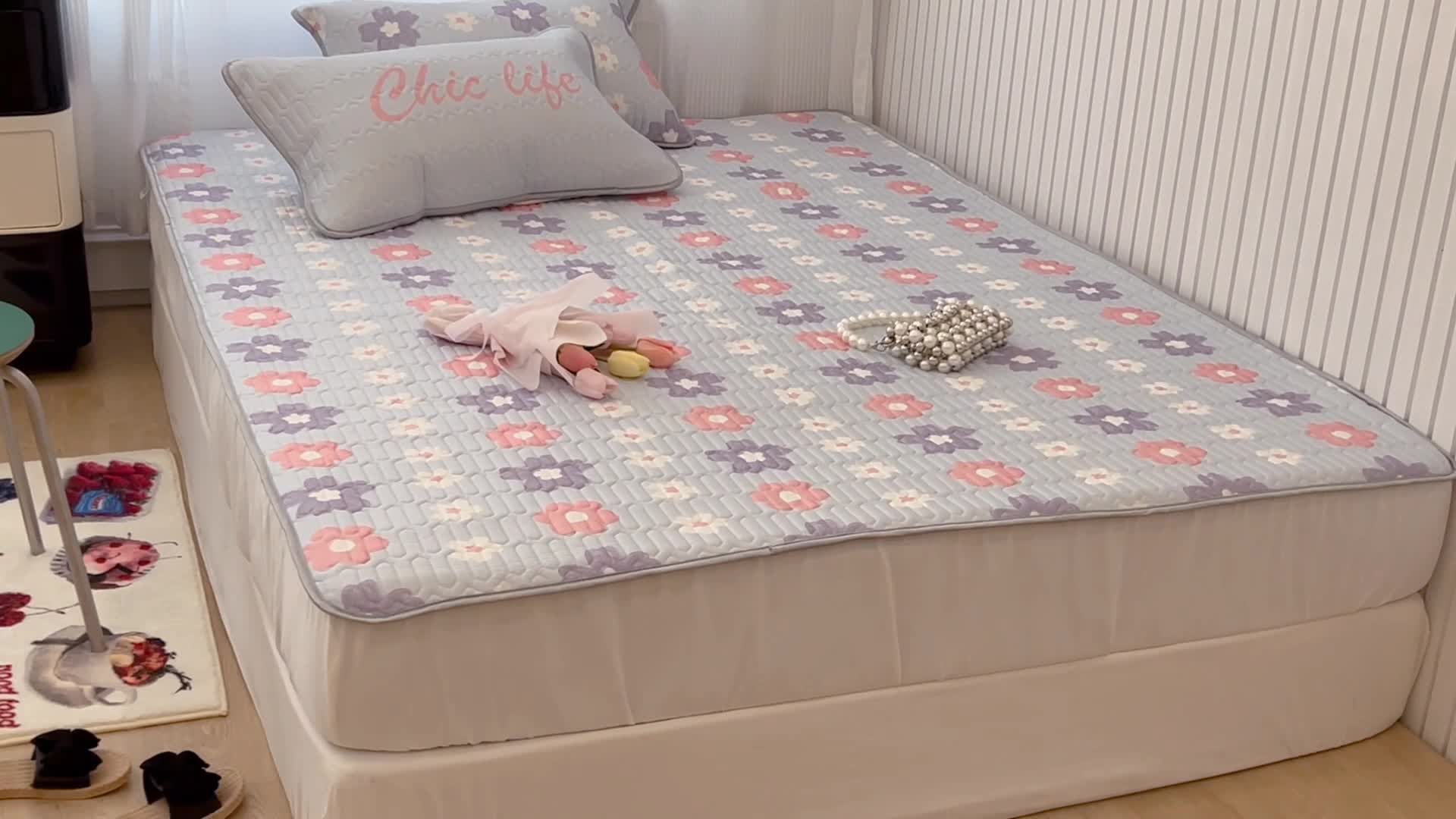 91家纺网 家纺一手货源 找家纺 昔可 2022新款ins风小清新床笠款乳胶凉席三件套 床笠款-浪漫仲夏