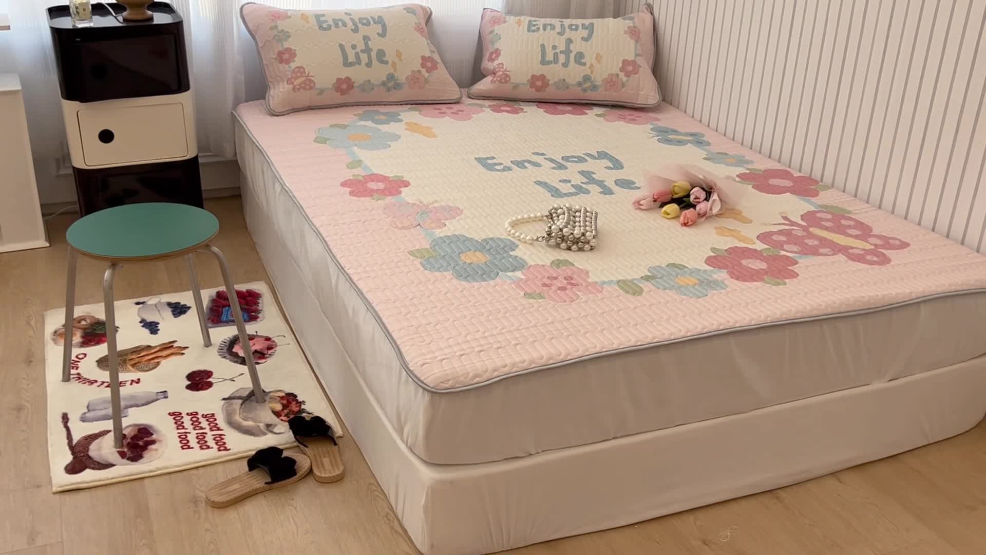 91家纺网 家纺一手货源 找家纺 昔可 2022新款ins风小清新床笠款乳胶凉席三件套 床笠款-蝴蝶画框