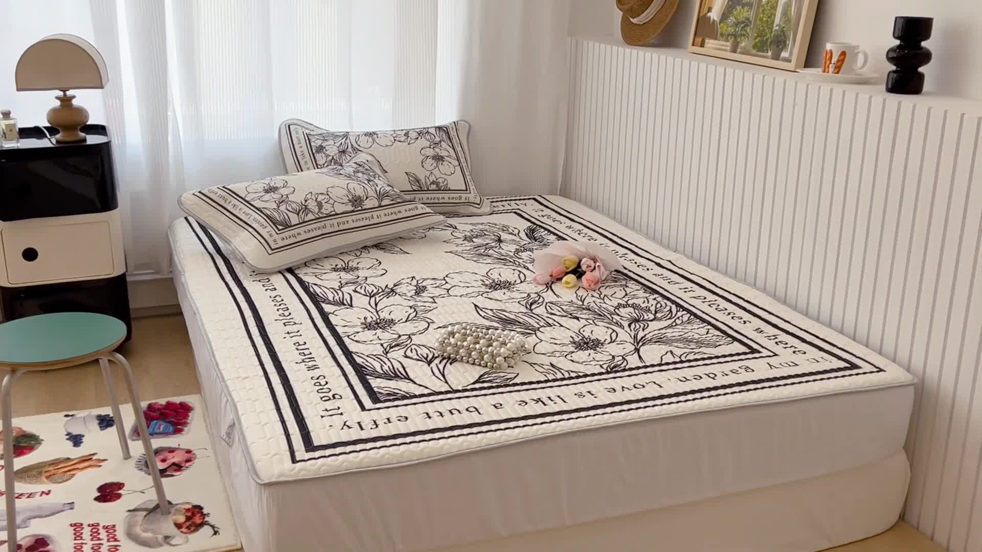 91家纺网 家纺一手货源 找家纺 昔可 2022新款ins风小清新床笠款乳胶凉席三件套 床笠款-后花园