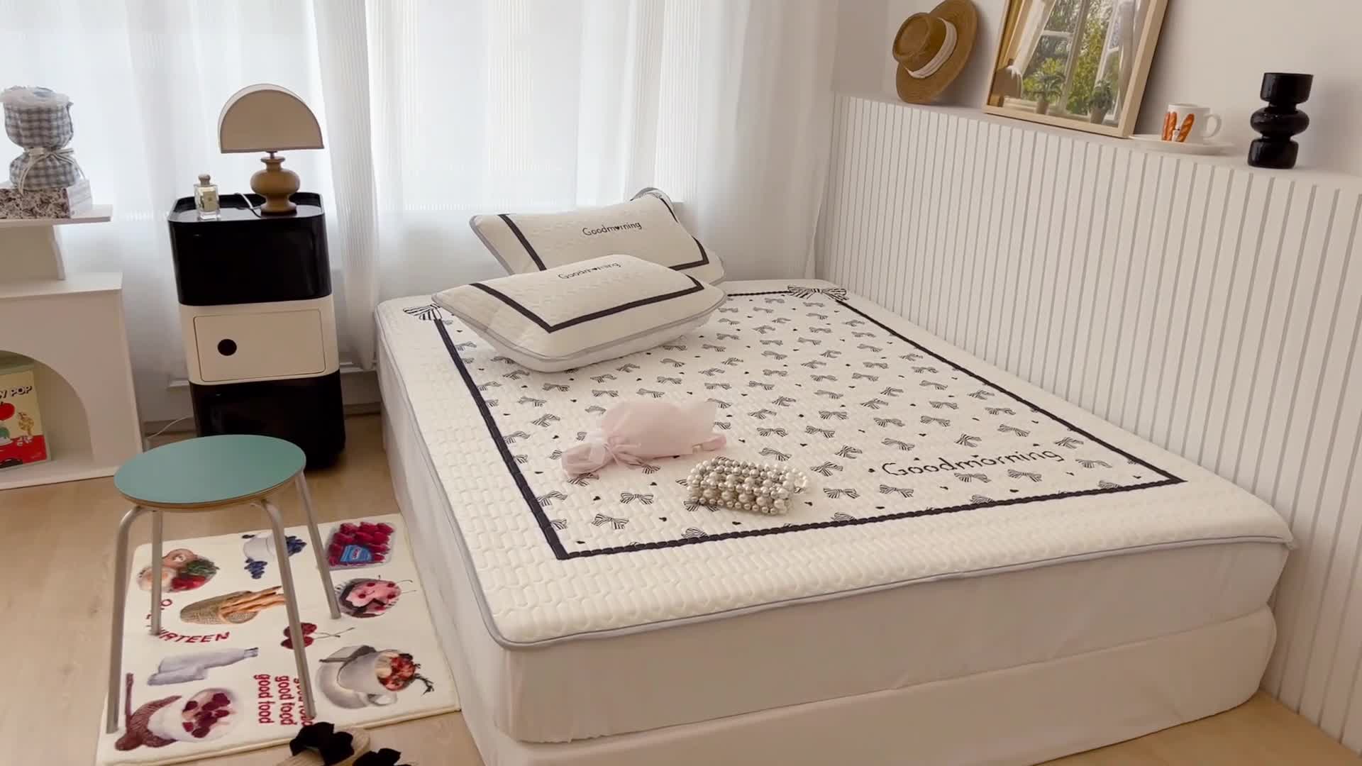 91家纺网 家纺一手货源 找家纺 昔可 2022新款ins风小清新床笠款乳胶凉席三件套 床笠款-赫本法式蝴蝶结