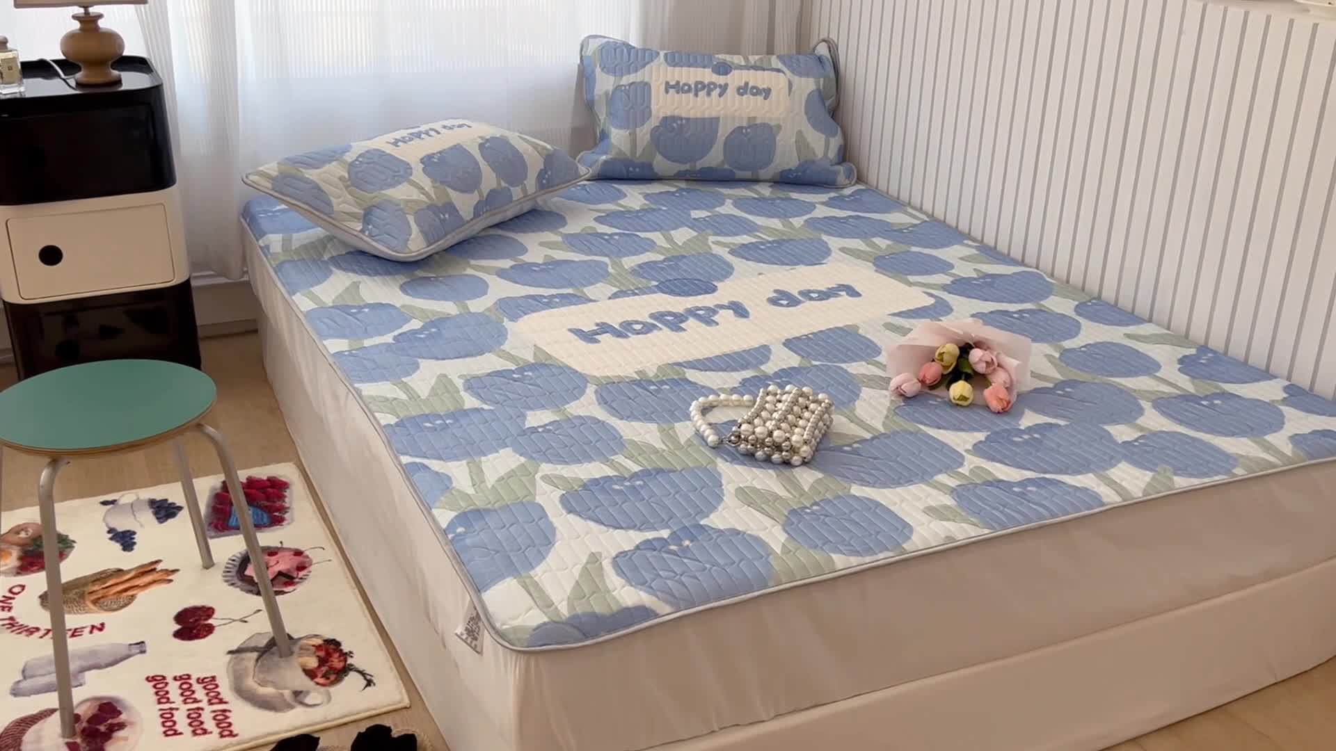 91家纺网 家纺一手货源 找家纺 昔可 2022新款ins风小清新床笠款乳胶凉席三件套 床笠款-海德公园