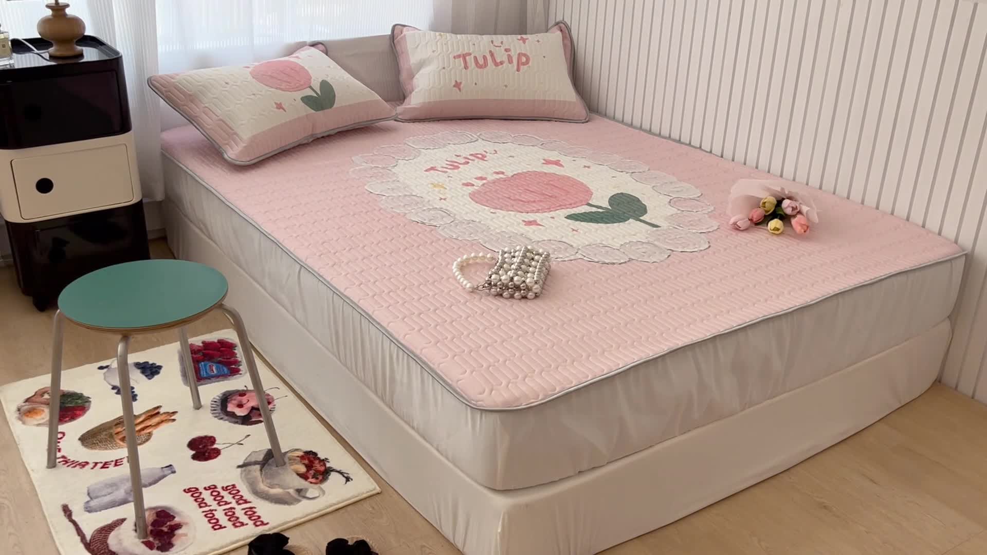 91家纺网 家纺一手货源 找家纺 昔可 2022新款ins风小清新床笠款乳胶凉席三件套 床笠款-粉圈郁金香