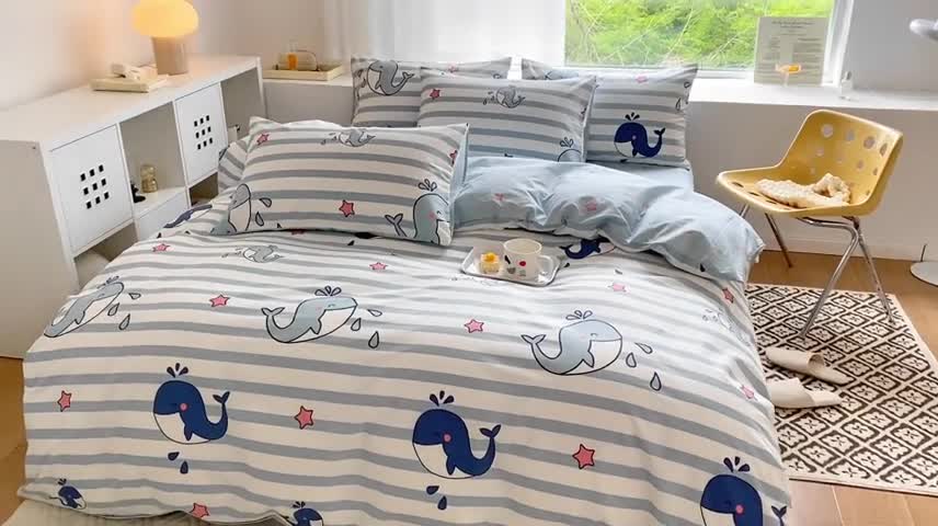 91家纺网 家纺一手货源 找家纺 田野 2022新款13372全棉小清新印花四件套 海豚之恋