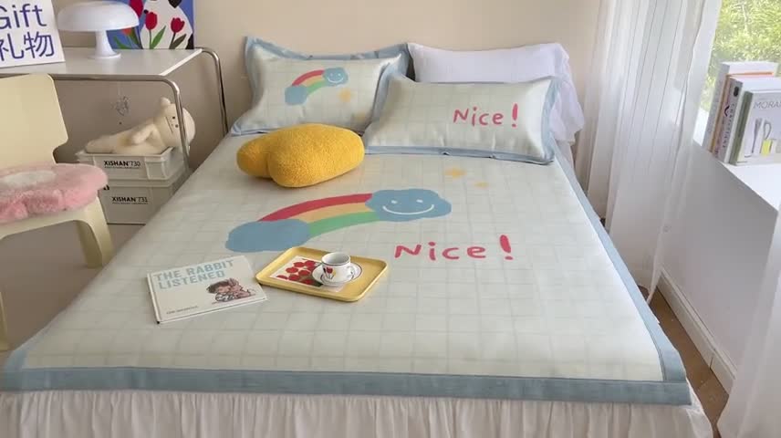 91家纺网 家纺一手货源 找家纺 时年 2022新款全工艺环保数码印花高品质水洗冰丝凉席 彩虹心情