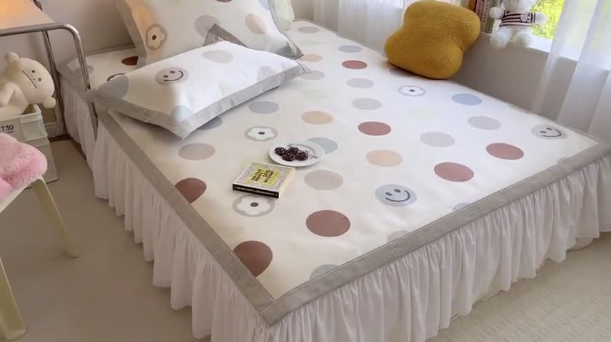 91家纺网 家纺一手货源 找家纺 时年 2022新款全工艺环保数码印花高品质水洗冰丝凉席 微笑波点