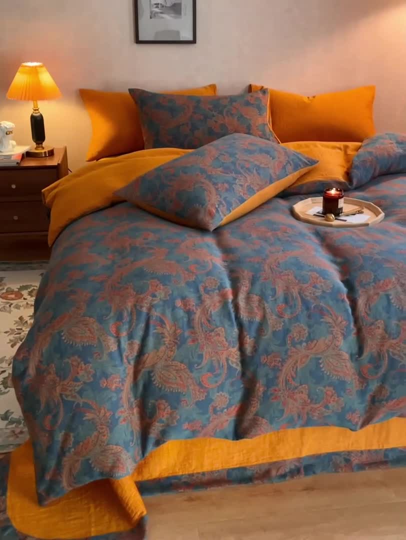 91家纺网 家纺一手货源 找家纺 黛馨 2023新款复古双层纱四件套 麦斯