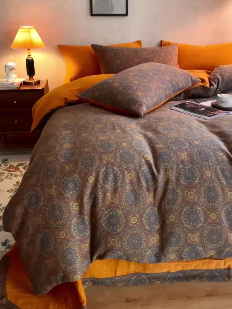 91家纺网 家纺一手货源 找家纺 黛馨 2023新款复古双层纱四件套 几何