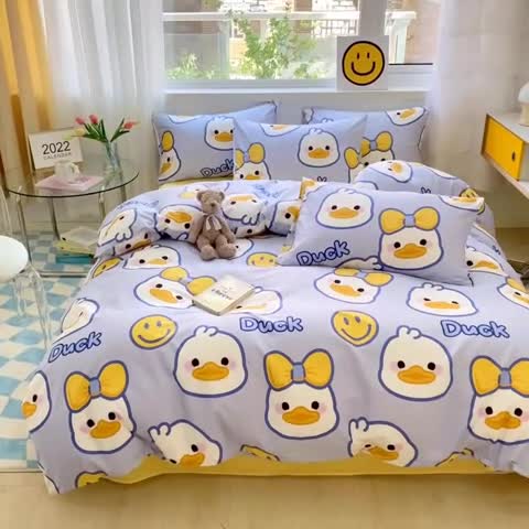 91家纺网 家纺一手货源 找家纺 桃子家居 2022新款ins小清新奶油卡通纯棉系列四件套 可爱鸭
