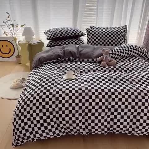 91家纺网 家纺一手货源 找家纺 赫然家纺 2026新款纯色磨毛系列床单款四件套 棋盘格-黑
