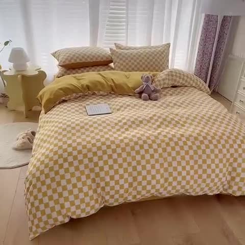 91家纺网 家纺一手货源 找家纺 赫然家纺 2026新款纯色磨毛系列床单款四件套 棋盘格-黄