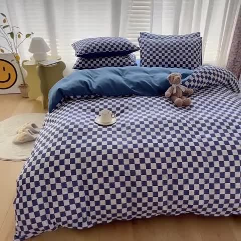 91家纺网 家纺一手货源 找家纺 赫然家纺 2026新款纯色磨毛系列床单款四件套 棋盘格-蓝
