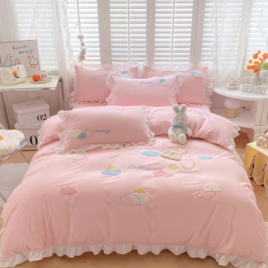 91家纺网 家纺一手货源 找家纺 （总）易禾家纺 2022新款小清新水洗亲肤棉四件套七彩云朵