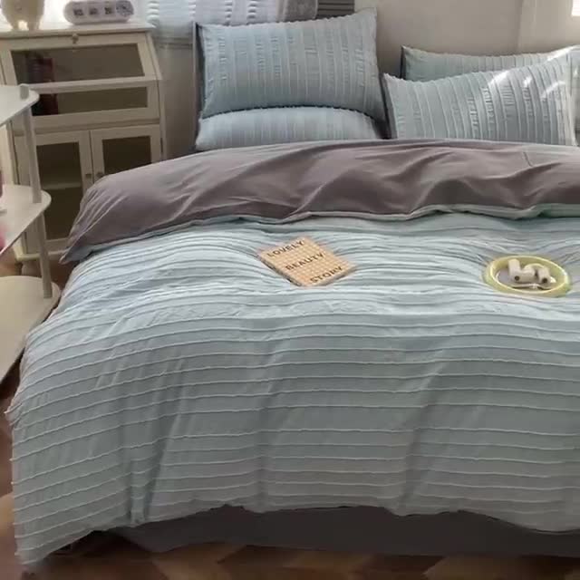 91家纺网 家纺一手货源 找家纺 古吉梦 2022新款剪花简约条系列四件套天空兰+浅灰