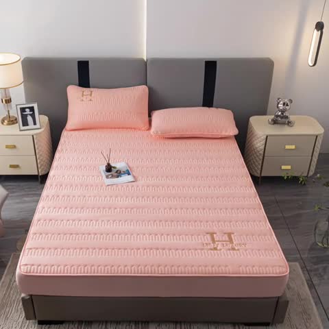 91家纺网 家纺一手货源 找家纺 鑫钰 2023年新款原棉大豆夹棉床笠直播爆款 香妃粉