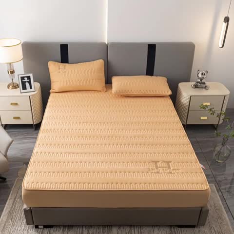 91家纺网 家纺一手货源 找家纺 鑫钰 2023年新款原棉大豆夹棉床笠直播爆款 琥珀橙