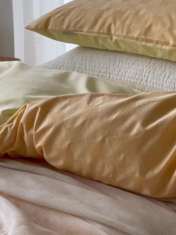 91家纺网 家纺一手货源 找家纺 梦享生活 2022新款40支华夫格提花四件套 蜂蜜黄奶茶