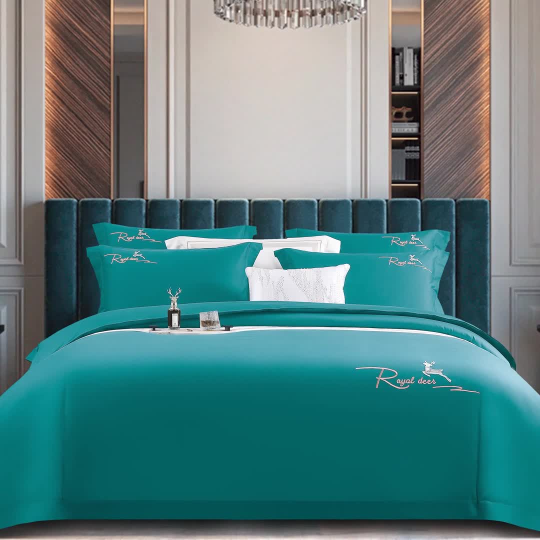 91家纺网 家纺一手货源 找家纺 芊寻家居 2024新款全棉长绒棉四件套 一鹿有你-波斯绿