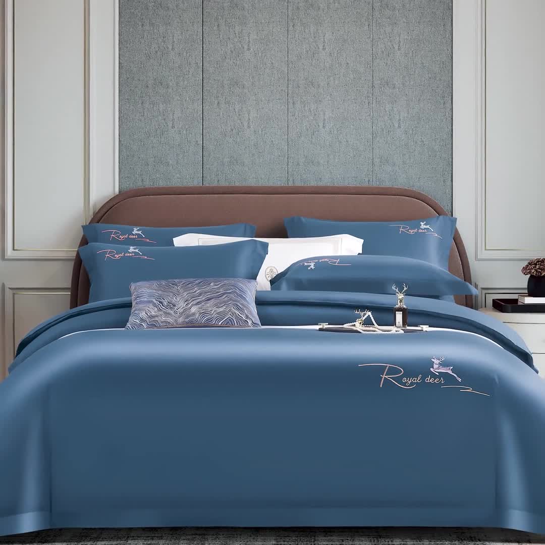 91家纺网 家纺一手货源 找家纺 芊寻家居 2024新款全棉长绒棉四件套 一鹿有你-维多利亚蓝