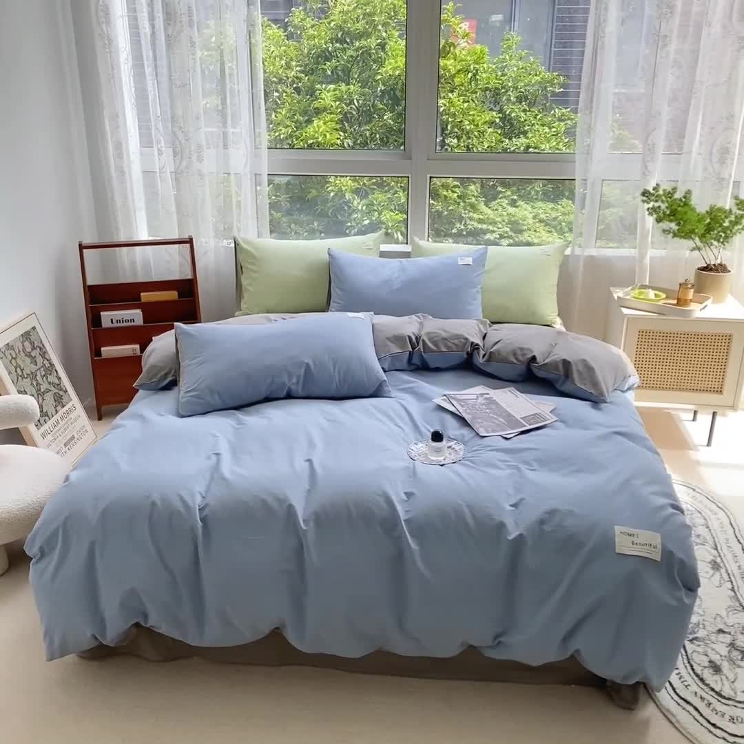 91家纺网 家纺一手货源 找家纺 寐居 2023新款全棉水洗棉四件套 深蓝+灰