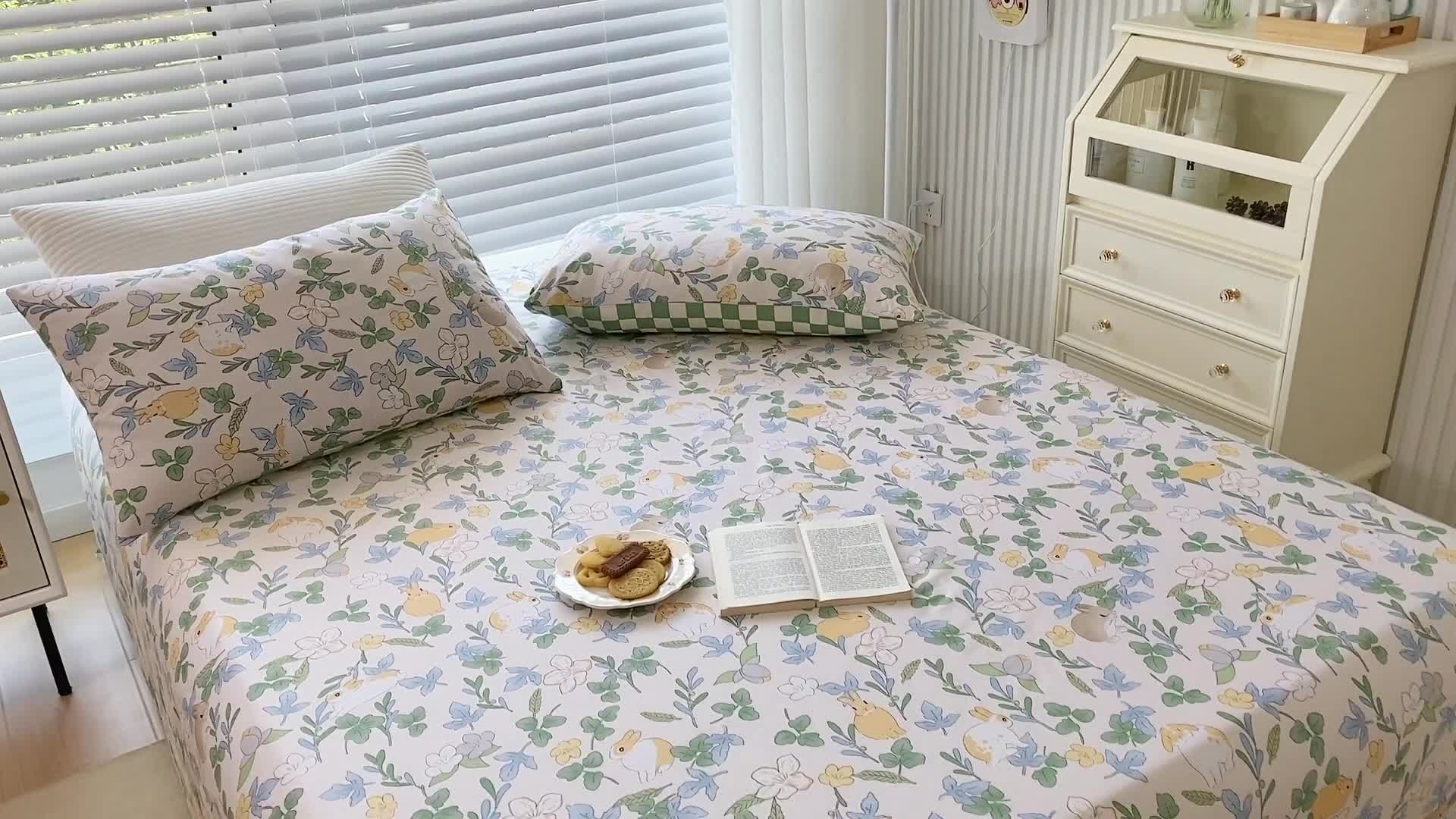 91家纺网 家纺一手货源 找家纺 金丝鸟 2022新款全棉床单单品 早安兔兔