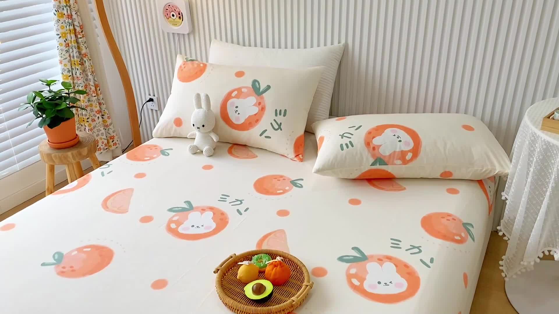 91家纺网 家纺一手货源 找家纺 金丝鸟 2022新款全棉床笠单品 桔子兔