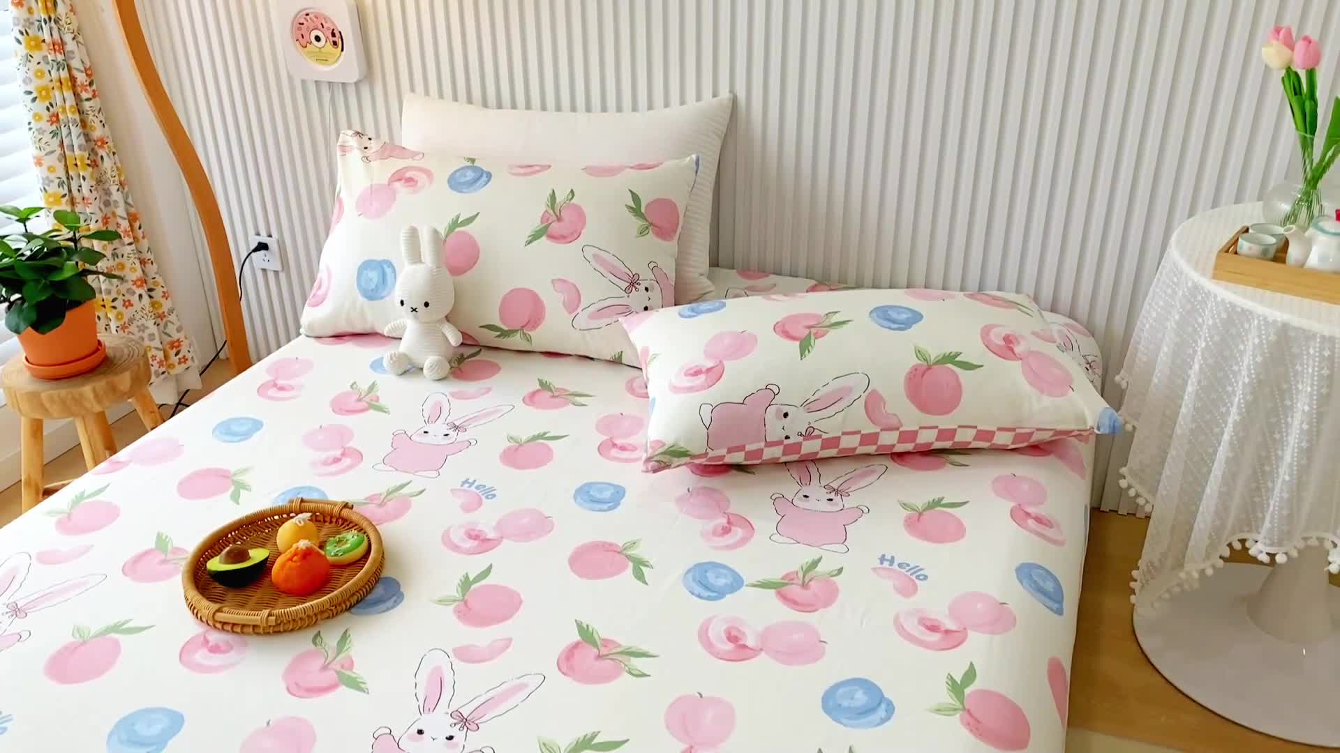 91家纺网 家纺一手货源 找家纺 金丝鸟 2022新款全棉床笠单品 长耳蜜桃兔