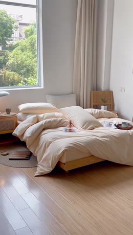 91家纺网 家纺一手货源 找家纺 安莱生活 2022新款染色原棉四件套 杏色-小雨点