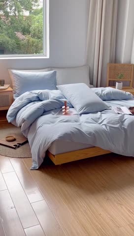 91家纺网 家纺一手货源 找家纺 安莱生活 2022新款染色原棉四件套 雾青-小雨点