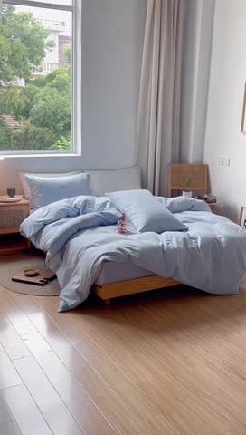 91家纺网 家纺一手货源 找家纺 安莱生活 2022新款染色原棉四件套 雾青-小方格