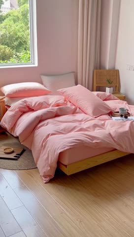 91家纺网 家纺一手货源 找家纺 安莱生活 2022新款染色原棉四件套 粉色-小方格