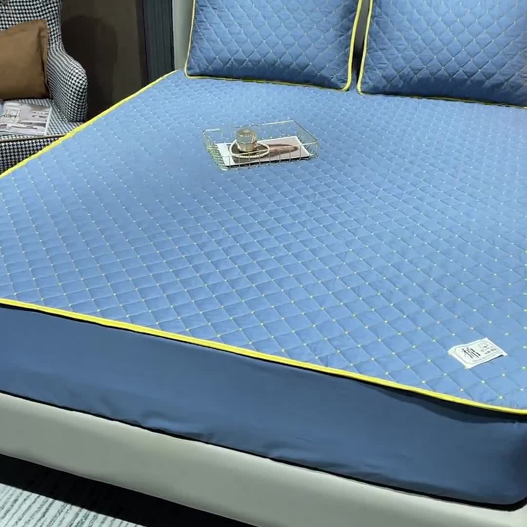 91家纺网 家纺一手货源 找家纺 冬然家纺2022新款纯棉床笠夹棉防滑床垫保护垫 满天星宾利蓝