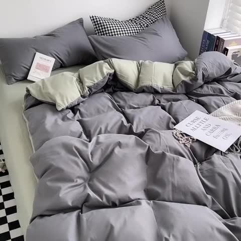 91家纺网 家纺一手货源 找家纺 优迈 新款纯色水洗棉磨毛四件套-单被套枕套床笠双拼-深灰抹茶
