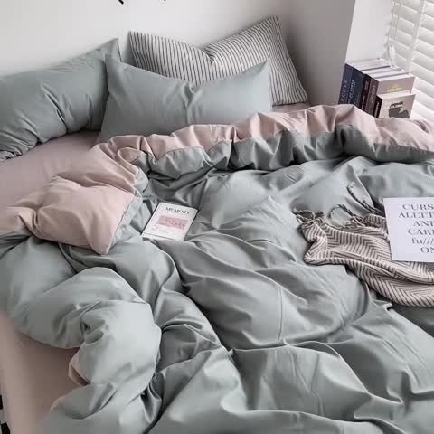 91家纺网 家纺一手货源 找家纺 优迈 新款纯色水洗棉磨毛四件套-单被套枕套床笠双拼-抹茶卡其