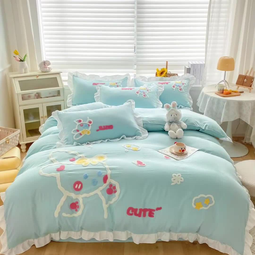 91家纺网 家纺一手货源 找家纺 泉欣 2024新款网红水洗棉毛巾绣韩版四件套可爱兔可爱兔-绿