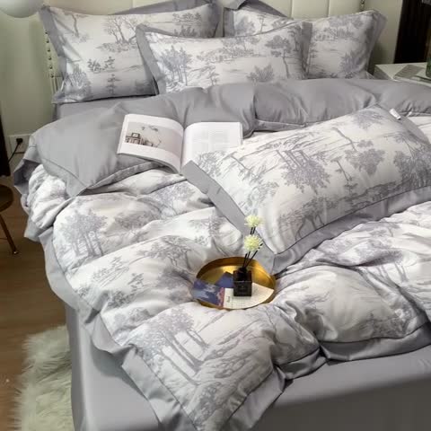 91家纺网 家纺一手货源 找家纺 ab家纺 2022新款水洗真丝四件套 江南-紫灰