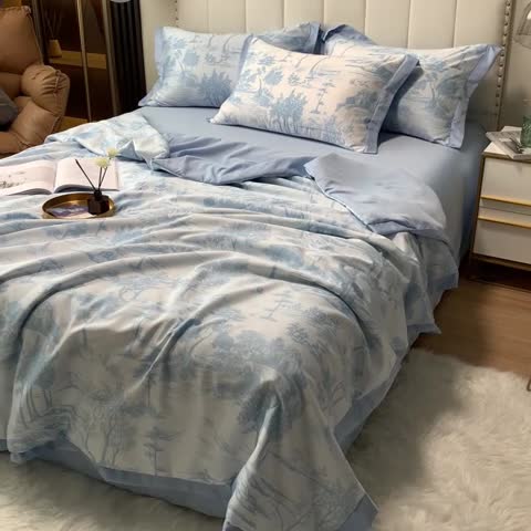 91家纺网 家纺一手货源 找家纺 ab家纺 2023新款水洗真丝夏被 江南-天空蓝