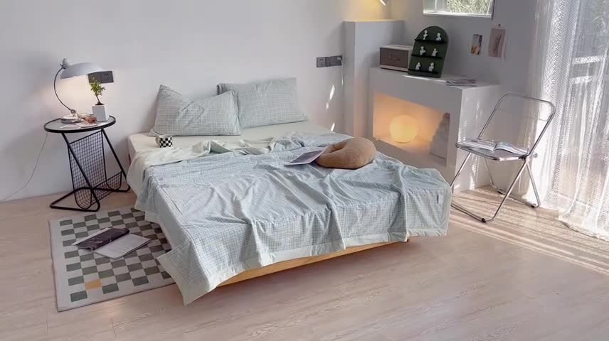 91家纺网 家纺一手货源 找家纺 安莱生活 2022新款水洗棉初恋格夏被夏被四件套 初恋嫩绿