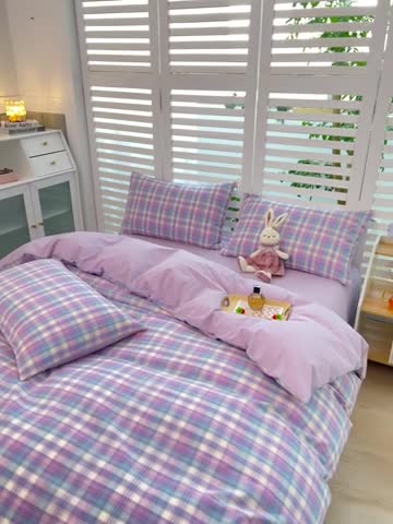 91家纺网 家纺一手货源 找家纺 柠萌家居 2022新款A类全棉色织水洗棉无印风格四件套 星空紫格