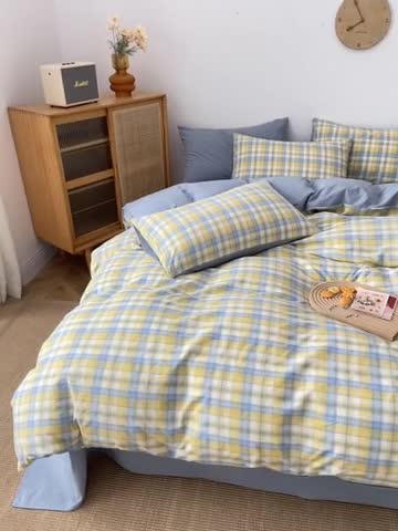 91家纺网 家纺一手货源 找家纺 柠萌家居 2022新款A类全棉色织水洗棉无印风格四件套 星空黄格