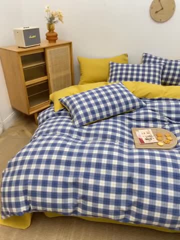 91家纺网 家纺一手货源 找家纺 柠萌家居 2022新A类全棉色织水洗棉无印风格四件套 清雅兰